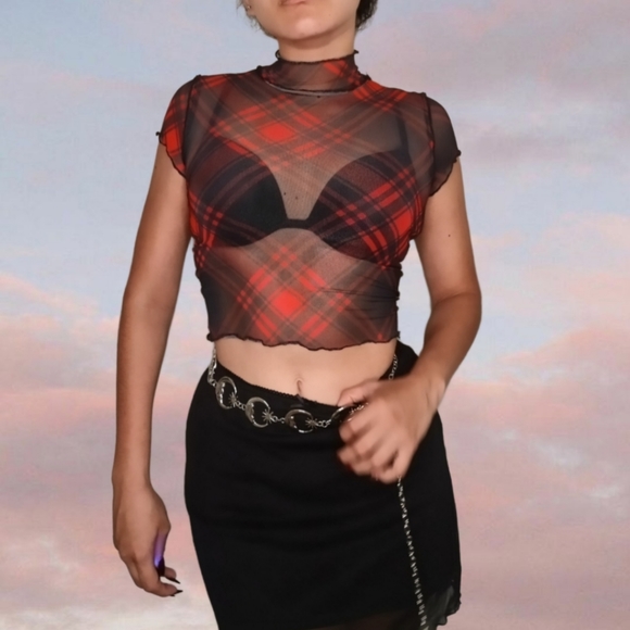 Dolls kill plaid mesh top in black and red - Picture 4 of 4